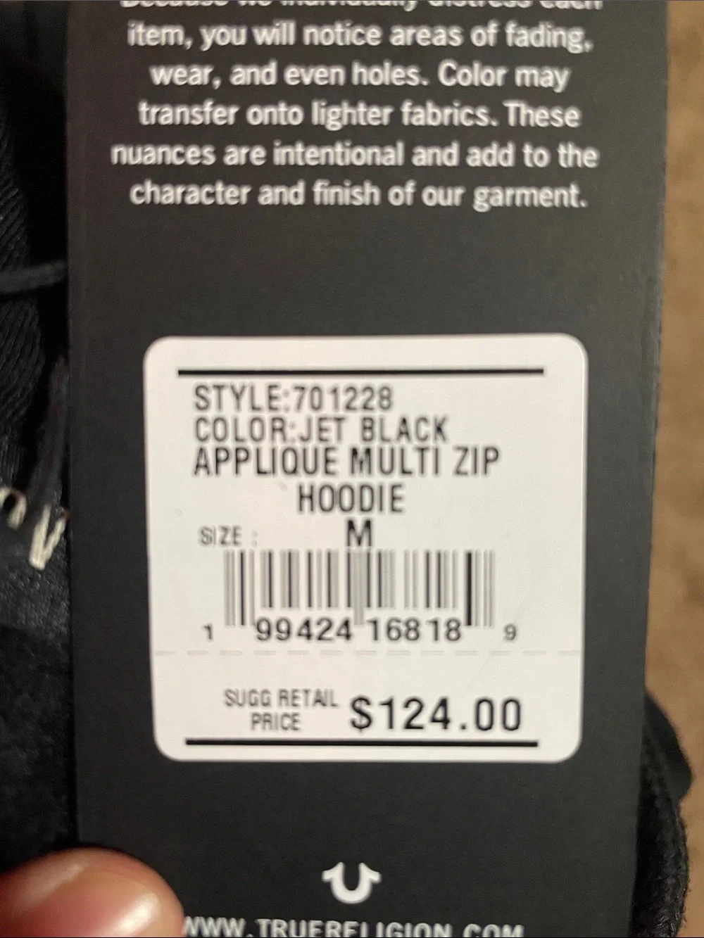 True Religion Black Zip-Up Hoodie with White Script Logo